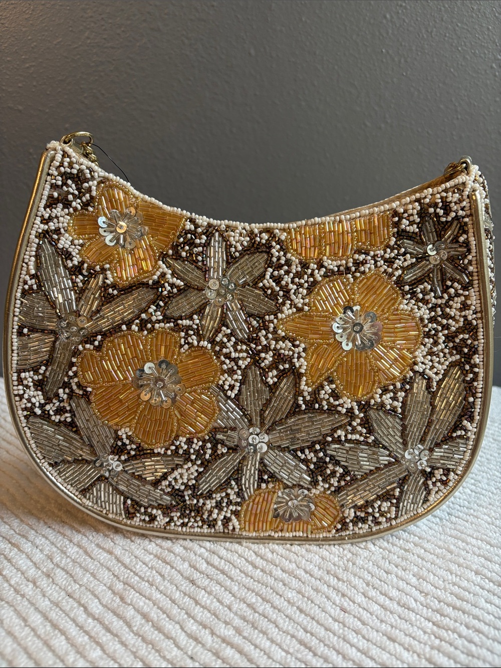 Lulus Beaded Floral Shoulder Bag in Gold and Brown Boho Chic NWT